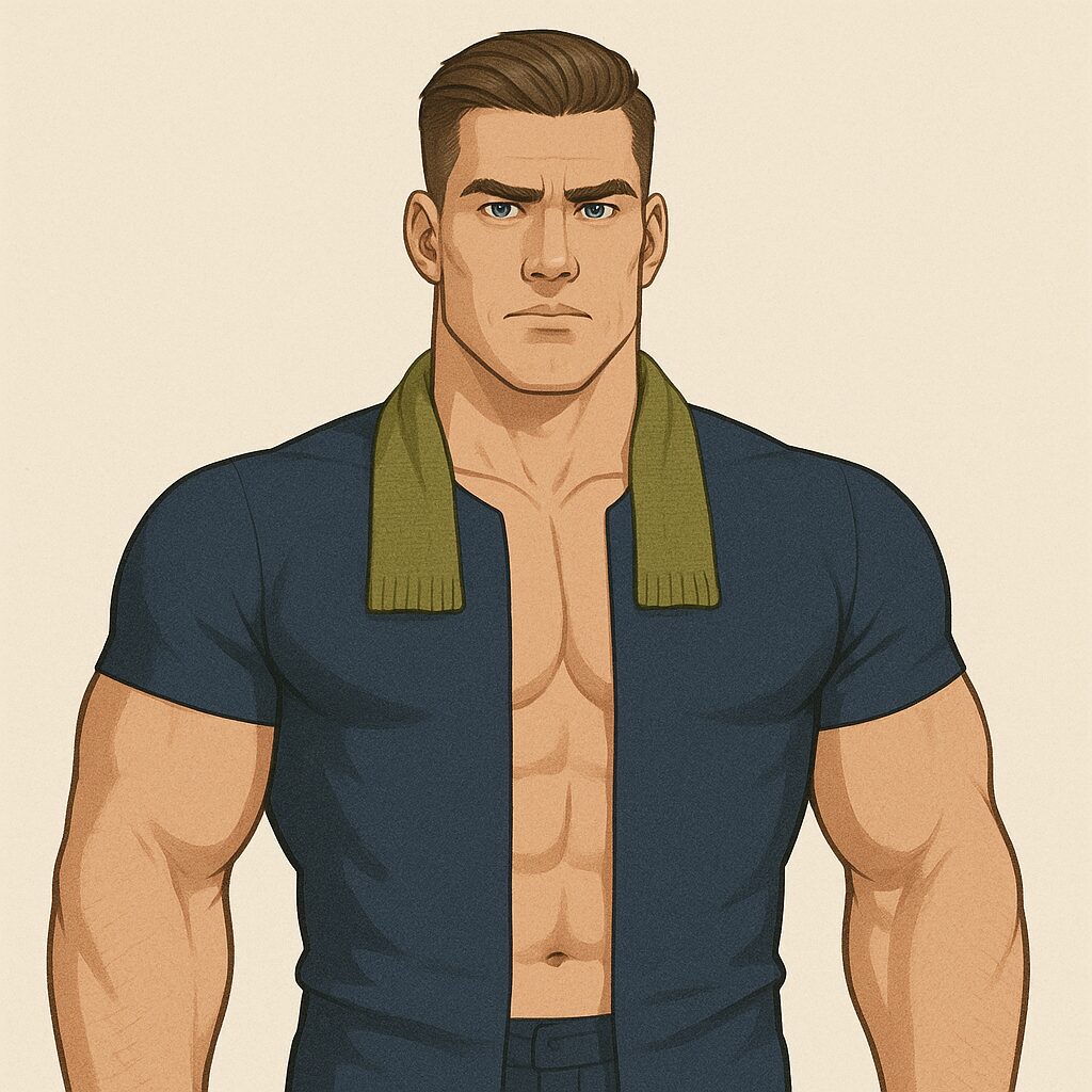 「身長192cm・首回り45cmのマッチョ男性が、長さの短いマフラーを首に掛けているイラスト。マフラーは首に巻けず、左右に垂れたまま前が大きく開いている。」