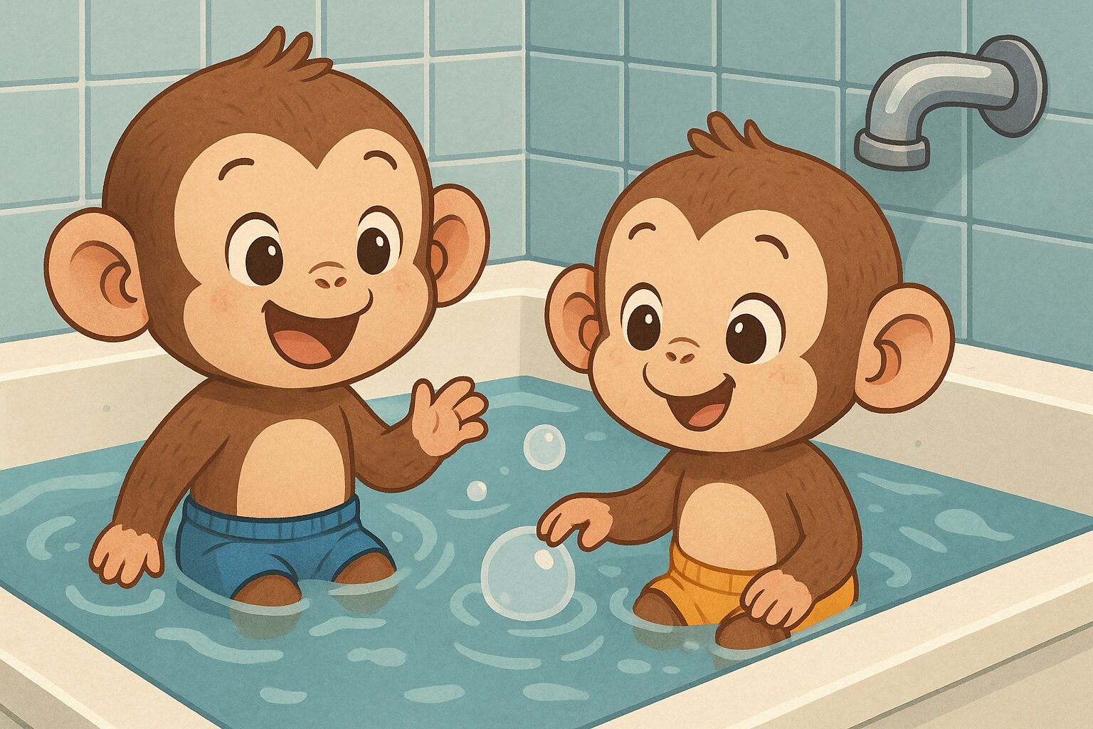 「家庭の浴槽で、4歳と2歳の子どもに見立てた2匹のかわいい子ざるが水着を着たままお湯に入り、笑顔で泡遊びをしているイラスト。青いタイル壁と蛇口が背景にあり、温かく楽しいバスタイムの様子が描かれている。」