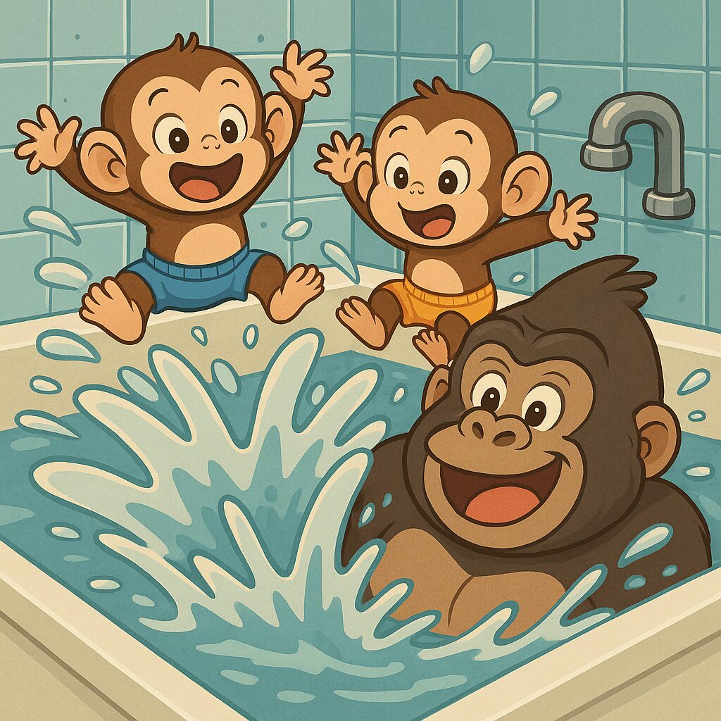 「家庭の浴槽にお父さんゴリラが勢いよく飛び込んだ瞬間、激しい水しぶきで2匹の子ザルが水着姿のまま宙に跳ね上がり、驚きつつも楽しそうな表情を浮かべているイラスト。背景には青いタイル壁と蛇口が描かれ、コミカルでにぎやかなバスタイムの様子が表現されている。」