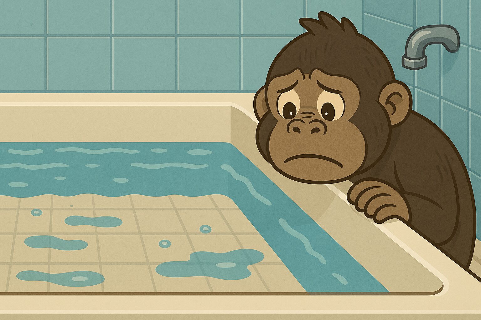 「上からの視点で描かれた浴槽の底が見えるほど浅い水深10cmのお湯を、お父さんゴリラが浴槽の外から心配そうな表情でのぞき込んでいるイラスト。浴槽のタイルの底がくっきり見え、周囲には青いタイル壁と蛇口が描かれている。」