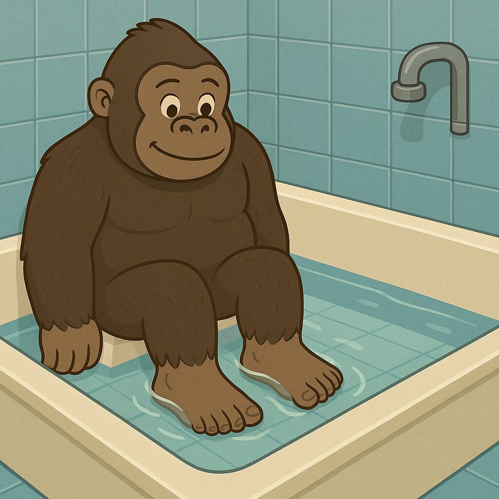 「浅くお湯が10cmほどしか入っていない浴槽に、大きなお父さんゴリラが座り、足首あたりまでしか浸かっていない様子を描いたイラスト。浴槽の底のタイルが透けて見え、お湯が少なすぎて全身ではなく“足湯状態”になっているコミカルなシーン。」