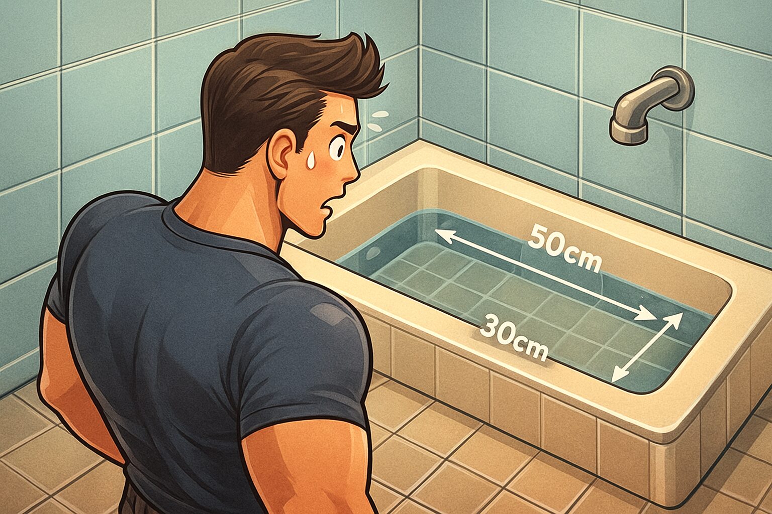 「身長192cm・胸囲123cmのハト胸兄さんが、服を着たまま浴室に入り、極端に小さな浴槽を前に驚きの表情で立ち尽くしているイラスト。浴槽の横にはサイズ表記が描かれ、兄さんの大きな体格との対比がコミカルに表現されている。」