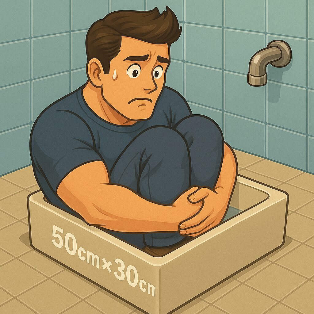 「青いTシャツと濃い色のパンツを着た大柄な男性が、水の入っていない極端に小さな浴槽に体育座りで入ろうとしているが、体が大きすぎて浴槽から大きくはみ出してしまっている様子を描いたイラスト。男性は汗をにじませながら困惑した表情を浮かべ、浴室のタイル壁と床が背景に描かれている。」