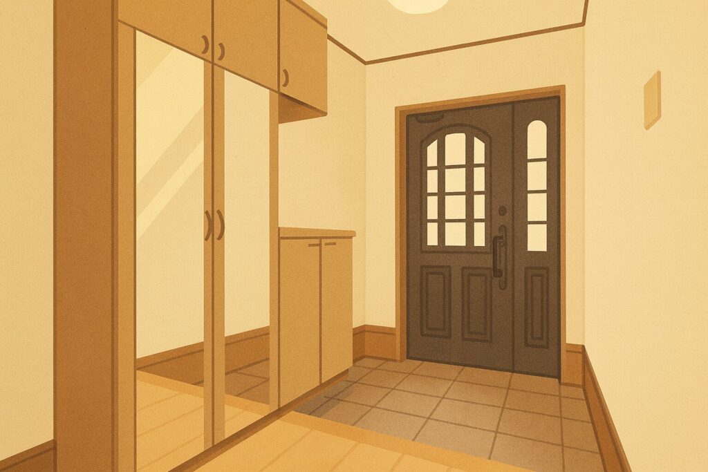 「木目調の大きな靴箱と鏡付き収納、そして黒い玄関ドアが配置された住宅の玄関をイラスト化したもの。淡いベージュの壁と温かみのある照明に包まれ、右側にはコンパクトな収納棚、床はタイルとフローリングの段差が描かれている。」