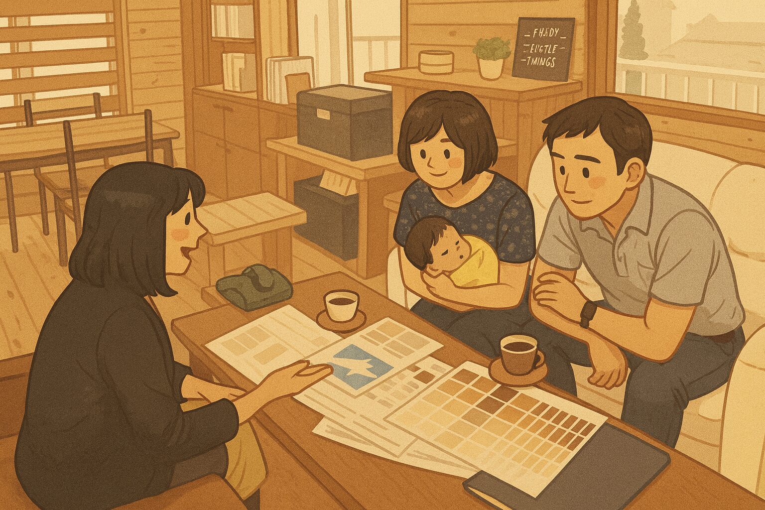 「木の温もりある打ち合わせスペースで、担当者の女性から住宅プランや色サンプルの説明を受けている夫婦と赤ちゃんのイラスト。テーブルには設計資料やカラーボードが並び、家族が真剣に家づくりについて相談している様子が描かれている。」