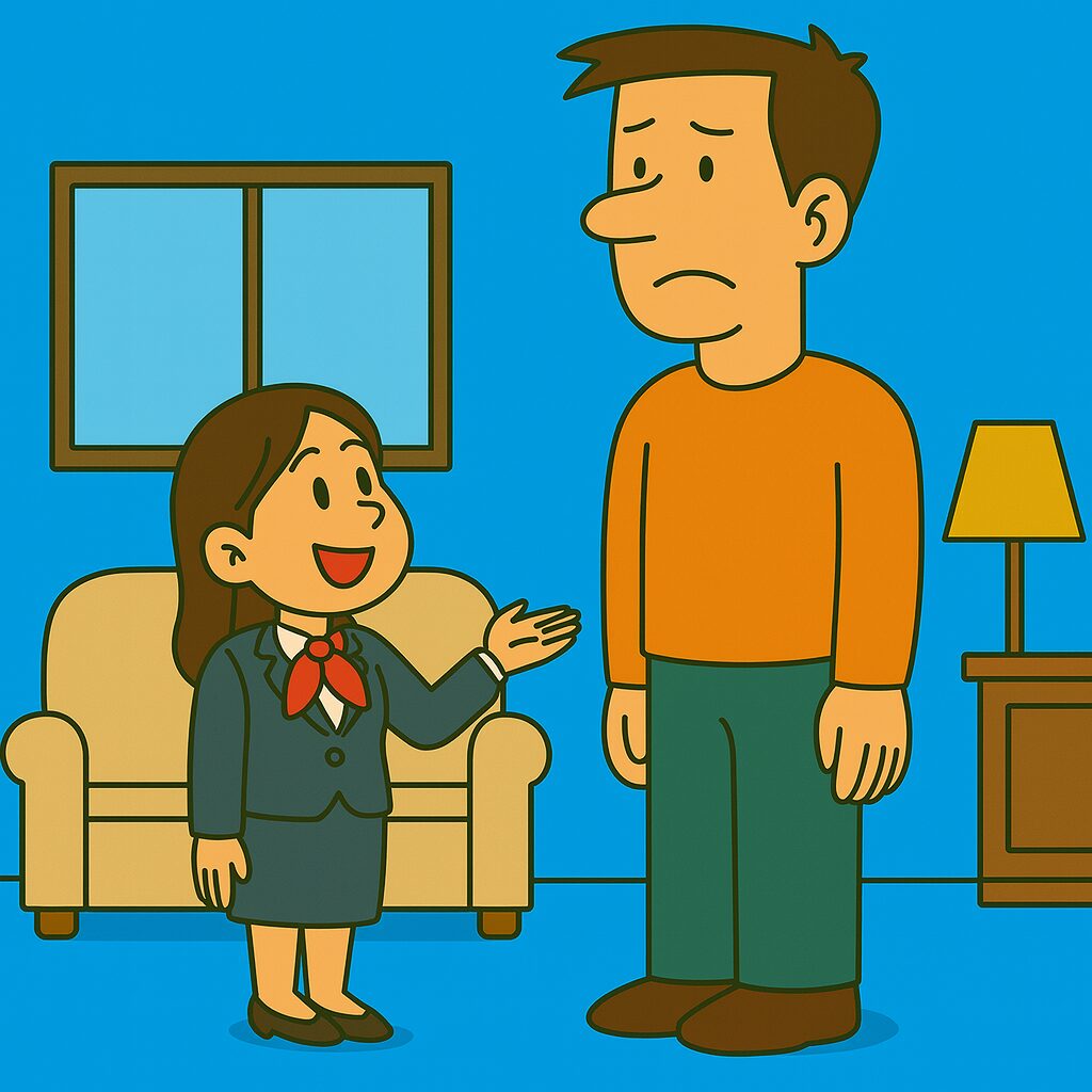 「モデルルームのリビングで、首に赤いリボンを付けたスーツ姿の小柄な女性営業が、背の高い男性客に家の設備を説明しているイラスト。男性は少し戸惑った表情で話を聞き、背景にはソファや窓、スタンドライトが描かれている。」