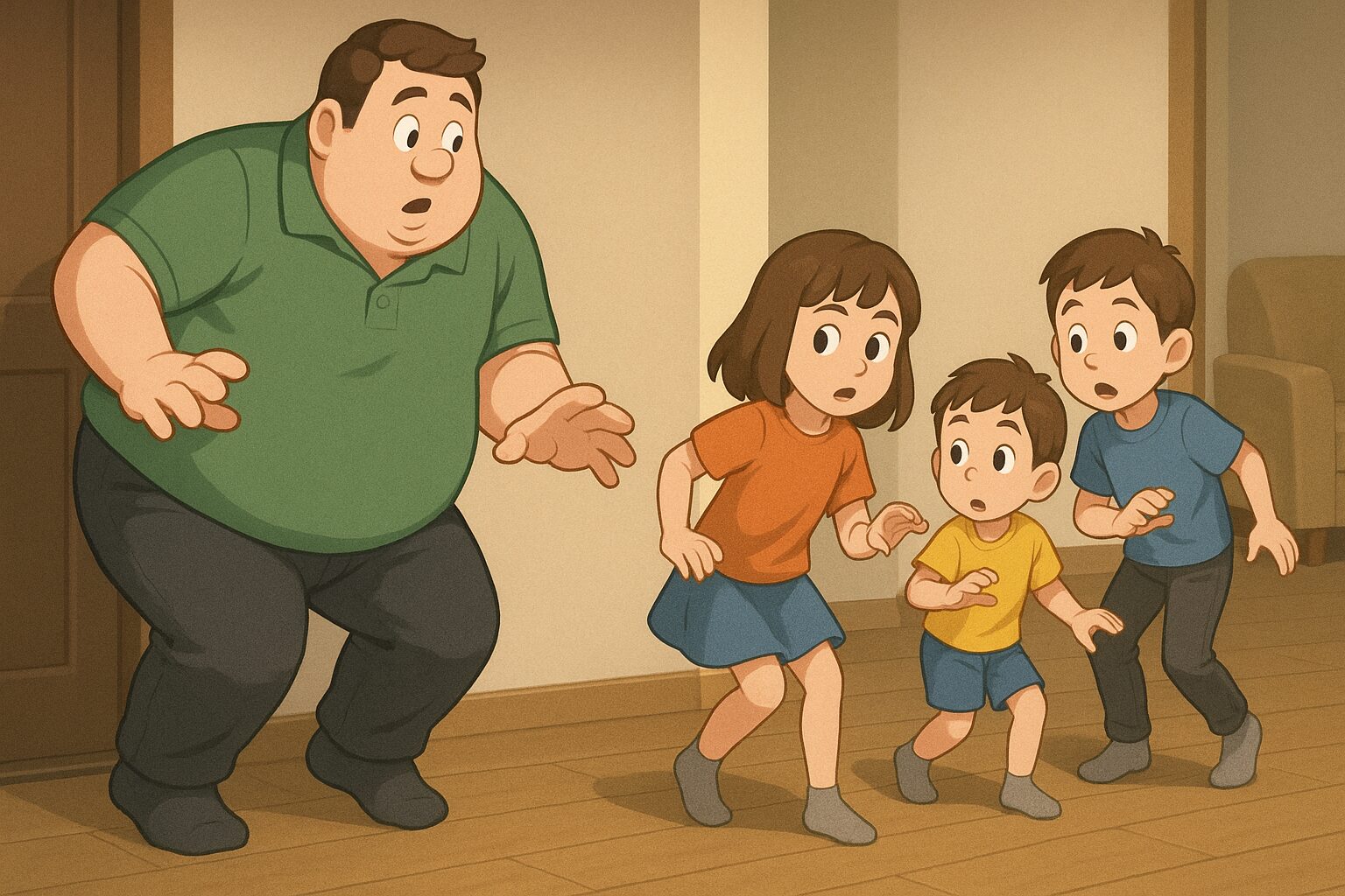 身長192cm・体重115kgのオーバーサイズ倶楽部のおもリッチさんが、アパートの部屋に入るなり抜き足差し足忍び足でそーっと歩いている。靴は脱いで靴下姿。子どもたちも同じように忍び足でついて歩いており、みんなで静かに過ごそうとしている室内の微笑ましい様子。