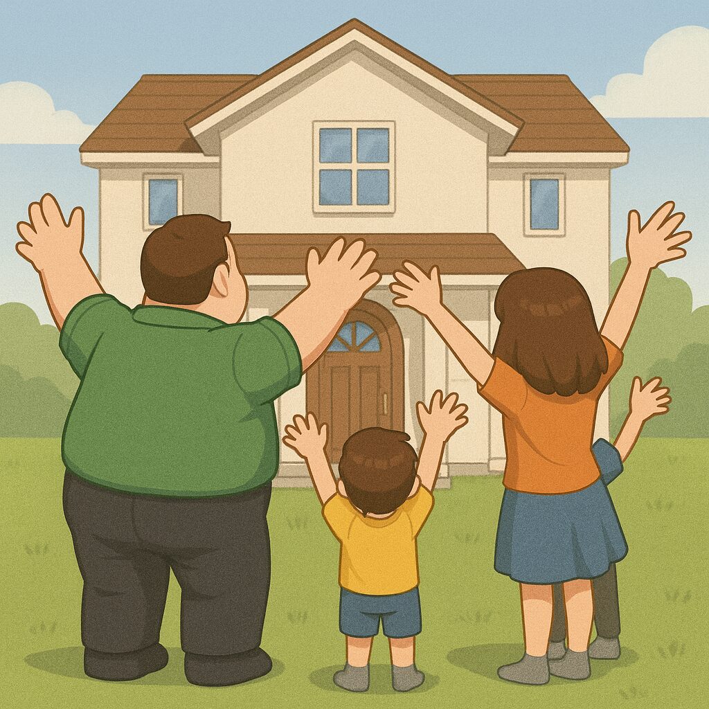 体の大きなお父さん（オーバーサイズ倶楽部のおもリッチさん）と家族4人が、新しく購入した白い2階建ての洋風住宅の前で、家に向かってそろって万歳している後ろ姿。芝生の庭が広がり、家族が「これで家の中で気を使わずに過ごせる」と喜んでいる様子を描いたイラスト。