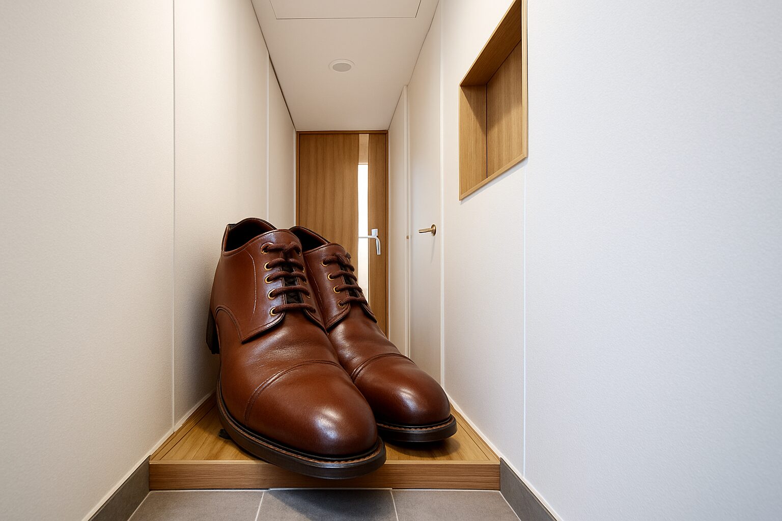 超狭い玄関土間いっぱいに、全長35cmの大きな革靴が2足だけで並んで置かれている様子を描いたイラスト。靴を置くスペースがほとんどなく、玄関の幅いっぱいを大きい靴が占領している様子がわかる構図。