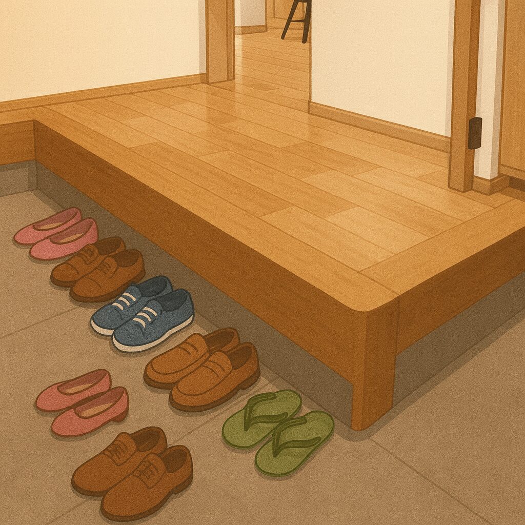 大家族や足の大きい家族でも靴が重ならず、安全に上がれるように設計されたL字型の玄関土間を描いたイラスト。広い土間スペースに複数の靴が並び、段差の上には木目のホール床が続く。靴を踏んでしまうストレスを解消する工夫としてのL字配置がわかりやすく表現されている。