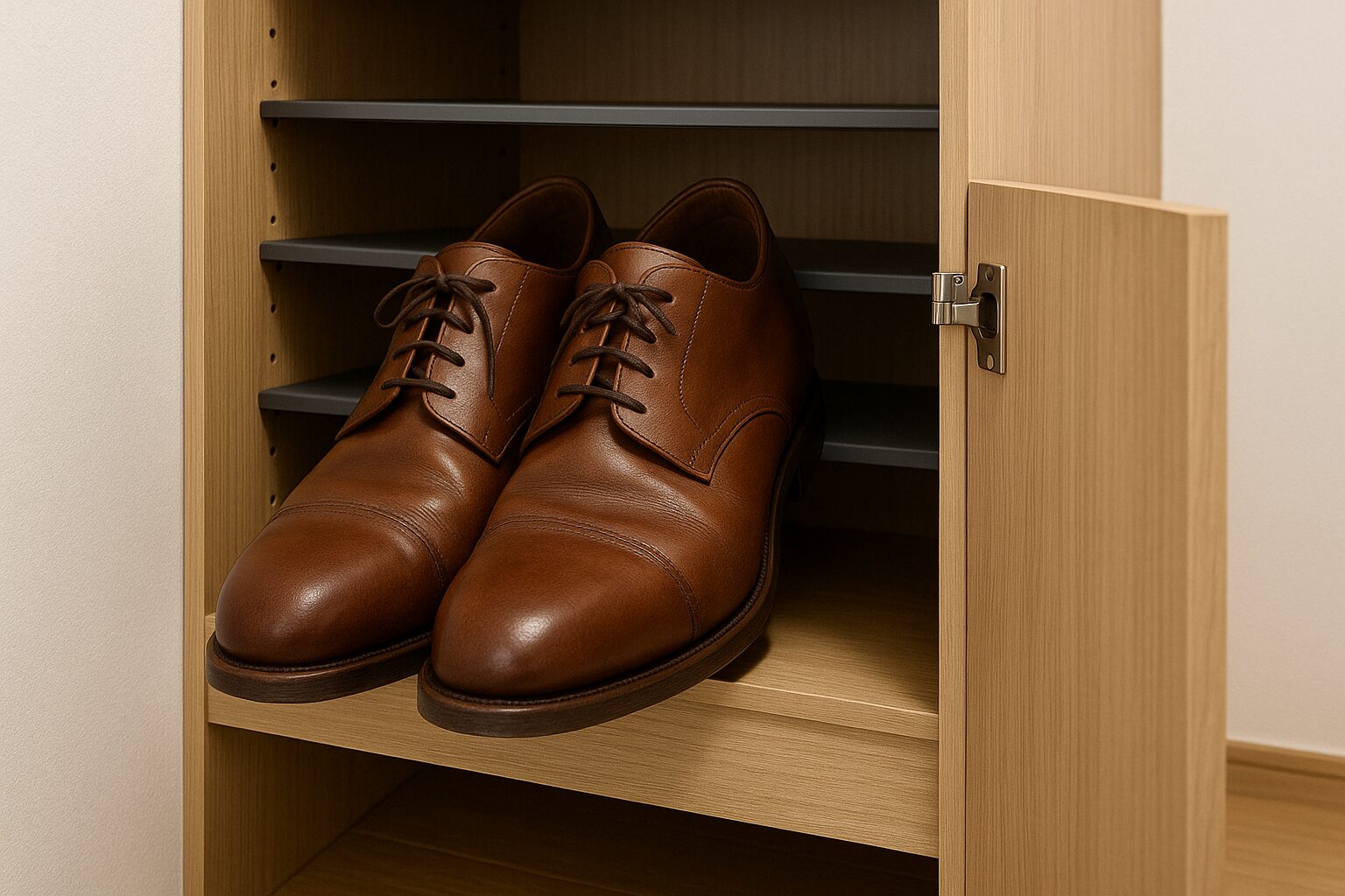 下駄箱の奥行よりも靴の全長が長いため、全長35cmほどの大きな革靴が棚から手前にはみ出し、扉が閉められない状態になっている様子を描いたイラスト。靴が下駄箱の限界を物理的に超えていることがひと目でわかる構図。
