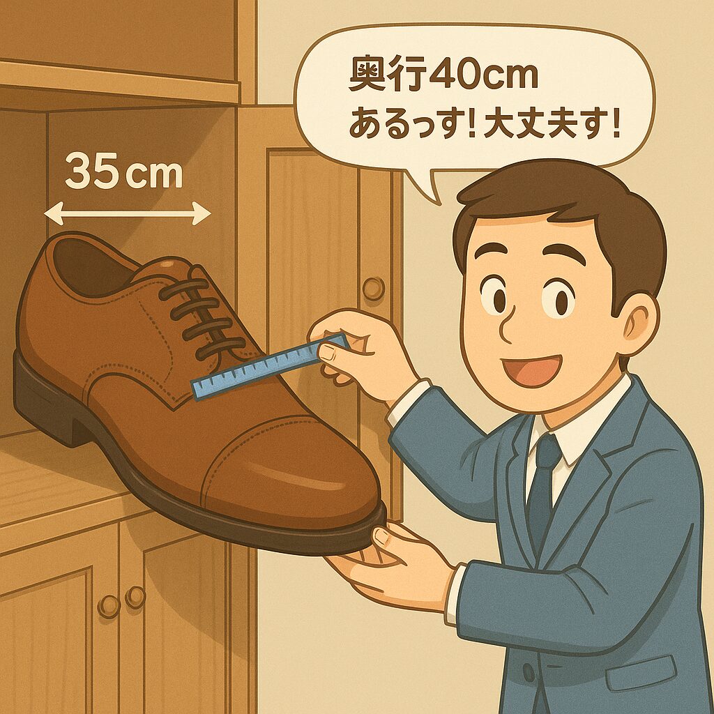 ショールームで実物の下駄箱を使い、足31cm・靴全長35cmの大きな革靴が入るかどうかを営業マンが奥行きを測って確認しているイラスト。営業マンがメジャーを当てながら笑顔で「奥行40cmあるっす！大丈夫っす！」と言い、下駄箱の奥行40cmに対して靴が問題なく収まることを示している。