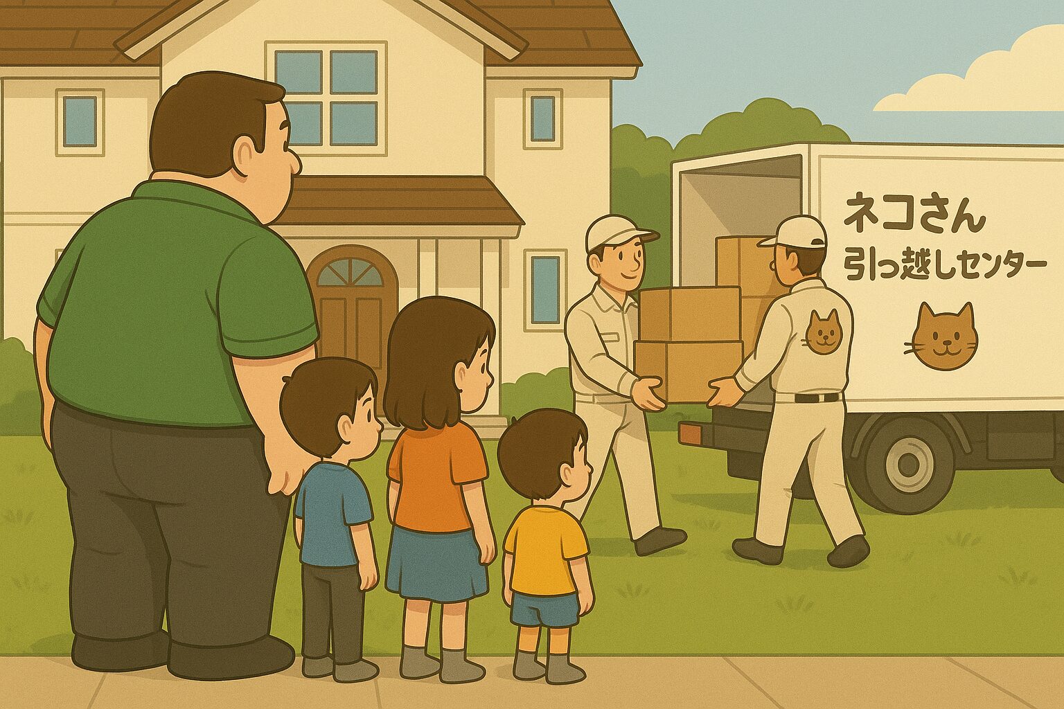 新居の前で、身長192cm・足31cm（靴全長35cm）の大きなお父さんと家族4人が、引っ越し屋「猫さん引っ越しセンター」の作業員2名が荷物をトラックから運び入れている様子を見守っているイラスト。白い作業着の背中には猫の絵が描かれ、トラックの側面にも会社名と猫のロゴが描かれている。