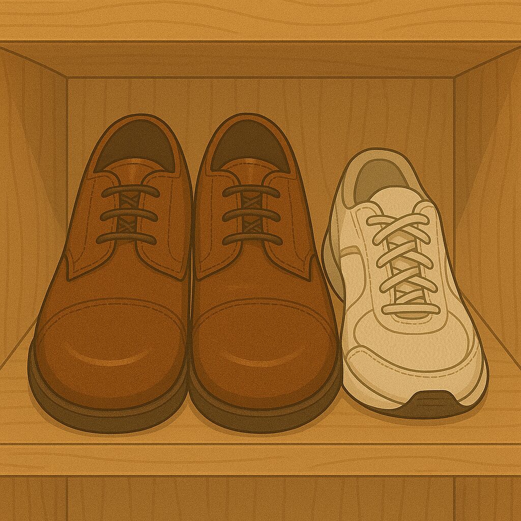 下駄箱の棚に、幅が広い大きな革靴1足（2つの靴）と、スポーツシューズの片方（1つ）がぎゅうぎゅうに詰めて置かれ、棚の幅がパンパンになっている様子を描いたイラスト。通常なら4つの靴が並ぶはずの棚に、幅の広い靴のせいで3つしか置けていない状態が強調されている。