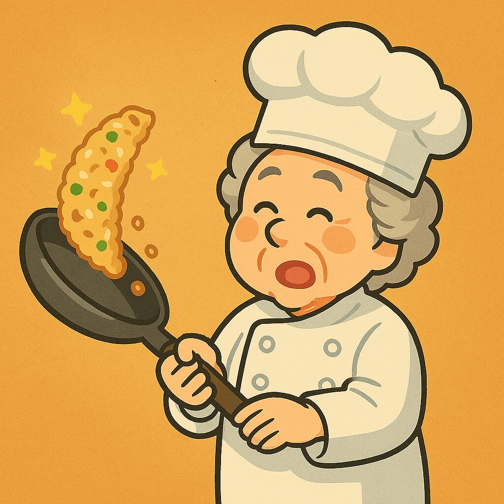 白いコック帽と白衣を着たオババが、フライパンでチャーハンを楽しそうに炒めている。黄金色のチャーハンが宙に舞い、キラキラと星のようなエフェクトが周囲に散っている。温かくユーモラスな漫画風イラスト。