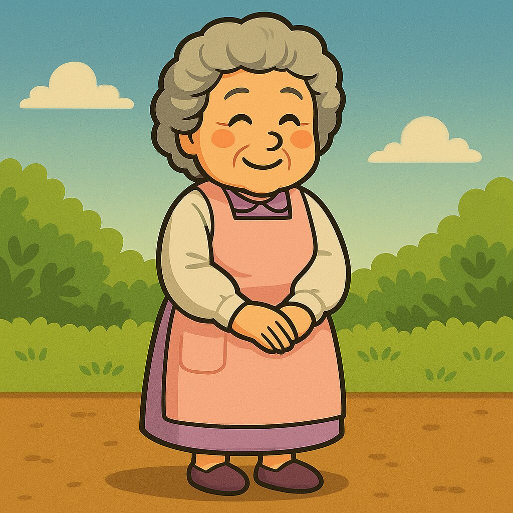 明るい園庭の中、ピンク色のエプロンドレスを着たオババ先生が優しく微笑んで立っている。背景には青空と緑の木々が広がり、温かい陽ざしの中で穏やかな雰囲気が漂う。幼稚園の先生らしい、やさしさと安心感にあふれたイラスト。