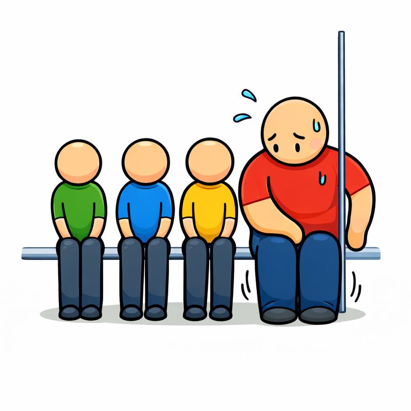 電車のシートに並んで座る4人。右端の体格が大きい男性は、隣の人が少しでも楽に座れるように体を縮め、端に寄って座っている。汗をかきながら気を遣う様子が伝わり、ほかの3人も静かに座っている光景。