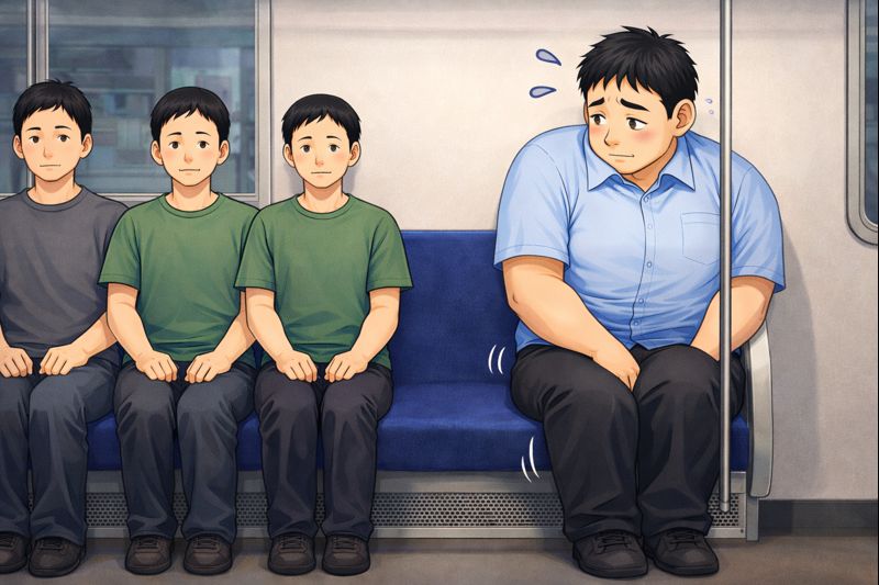 電車の座席に座るハト胸兄さん。体をできるだけ小さくして端に寄り、隣の人との間に余白を作ろうとしている。胸板が大きく、体格の違いがはっきりと伝わり、周囲に気を遣いながら座る様子が伝わる一場面。