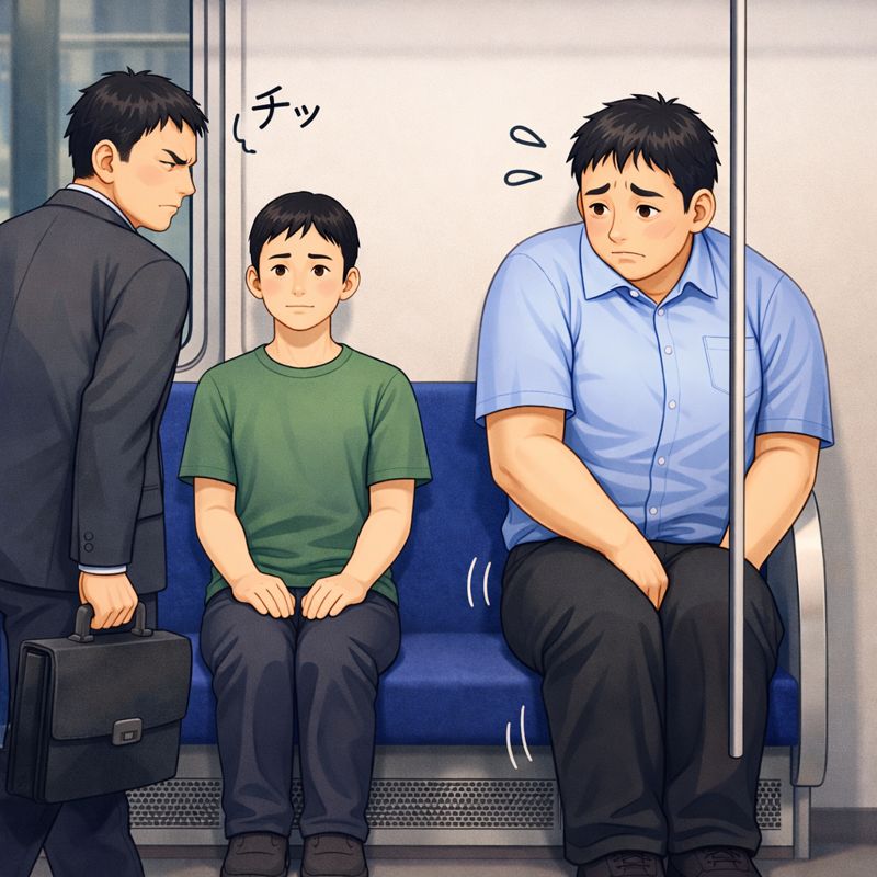 電車の座席で、体の大きな男性が端に体を寄せて座っている。隣の席を空けようと無理をしているが、それでも十分なスペースができず、近くに来たサラリーマンが舌打ちして立ち去る様子が描かれている。男性は困った表情で俯き、周囲に気を遣っている様子が伝わる場面。