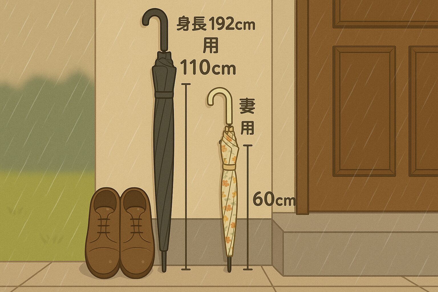 雨の降る平日の昼間、家の玄関わきの外壁に、身長192cmのお父さん用の全長110cmの黒いロング傘と、奥さん用の全長60cmの花柄の傘が並んで立てかけられている様子を描いたイラスト。2本の傘の長さの違いが一目でわかり、お父さんの大きさに合わせた傘の特別仕様が際立っている。