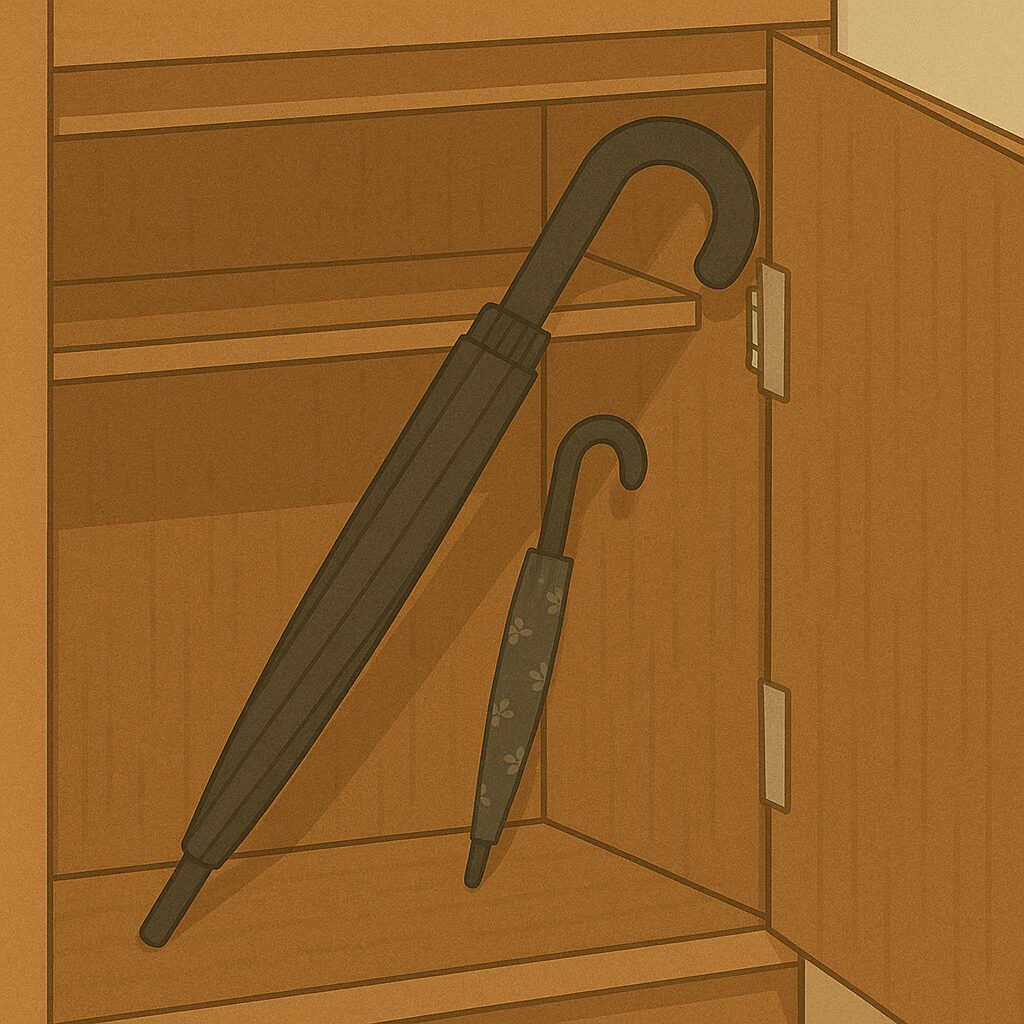 下駄箱の傘収納スペースに、お父さん用の全長110cmのロング傘がまっすぐ入らず、傾けて斜めに差し込まれている様子を描いたイラスト。収納の幅がとても狭く、奥さん用の小さな花柄の傘は入るものの、ロング傘は斜めにしてようやく収まっている点が強調されている。