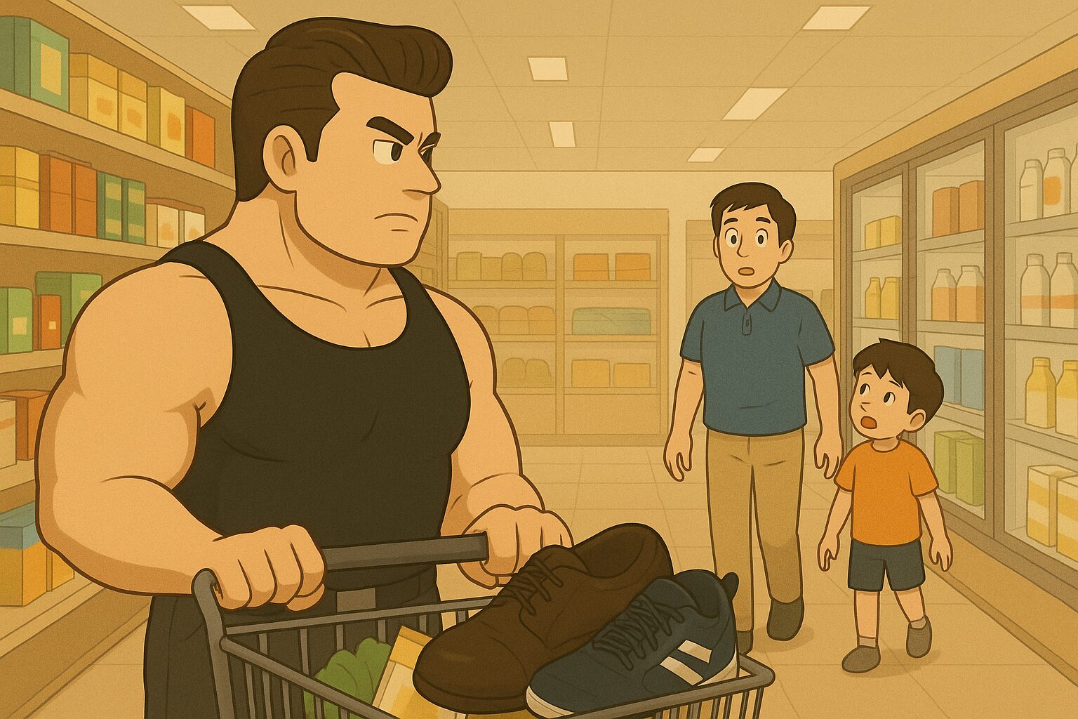 スーパーの店内で、身長192cm・体重115kgのムキムキなリーゼント姿の男性（冬でもタンクトップ姿）が買い物カートを押している。少し離れた場所から小学2年生の男の子と身長160cmのお父さんが歩いて近づいてきており、お父さんは巨大で筋肉質な男性に気づいて「ハッ」と驚いた表情を見せているが、男の子はお父さんのほうに顔を向けて話しており、まだムキムキの男性に気づいていない様子が描かれている。