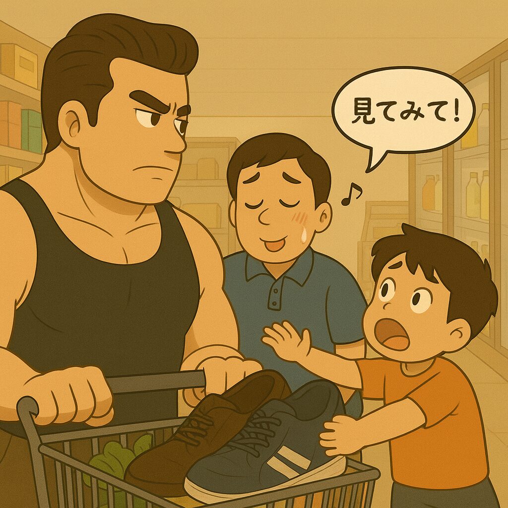 スーパーの通路で、身長192cm・体重115kgのムキムキでリーゼントの男性が買い物カートを押して歩いている。 その横を、身長160cmのお父さんと小学2年生の息子がすれ違う。 息子は目を丸くして興奮しながら「見てみて！」とお父さんの手を引っ張り、大きな男性を指差している。 お父さんは冷や汗を流しながら口笛を吹き、聞こえていないふりをして通り過ぎようとしている。