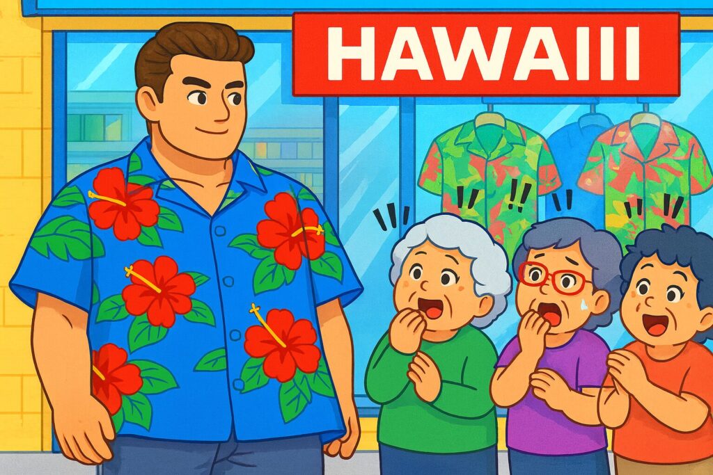 ハワイの洋服店の前で、特大サイズのハイビスカス柄アロハシャツを着た大柄な30歳の甥っ子が立っている。お店の前に並んだおばちゃん4人は、そのアロハシャツが信じられないほど自然に似合っていることに驚き、口に手を当てて目を見開きながら「まさか本当に着こなすなんて!」という反応を見せている様子が描かれた、明るく原色系のイラスト。