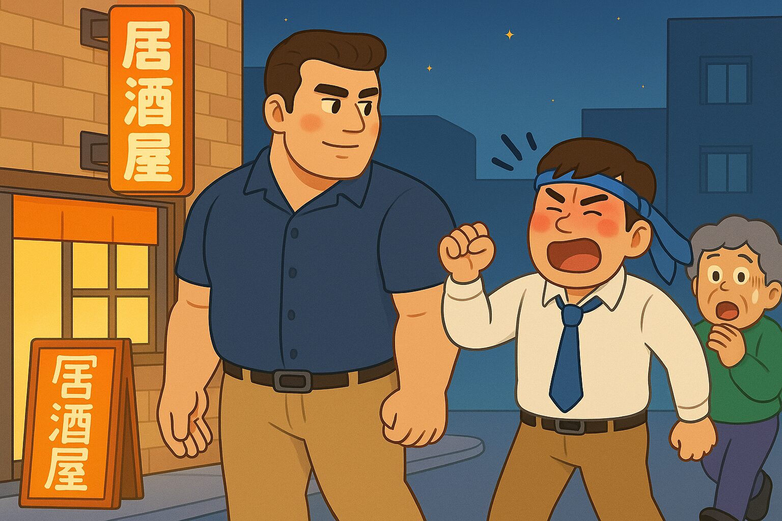 居酒屋を出た夜の道路で、身長160cmのお酒に酔った上司が、額にネクタイを巻きつけ顔を真っ赤にしながら「もう一軒行くぞー！」と拳を突き上げて叫んでいる。その隣で、身長192cm・体重115kgのがっちり体型タッカーズは少し頬が赤い程度でほとんど酔っておらず、落ち着いた表情で上司を見守っている。背後には心配そうに見つめる通行人も描かれ、居酒屋の明かりと夜の街の雰囲気が印象的なイラスト。