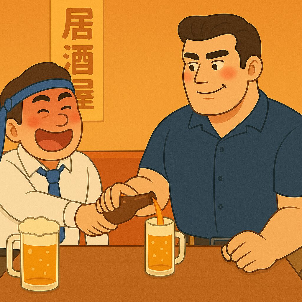 居酒屋のテーブル席で、酔って額にネクタイを巻いた上司が、にこにこ顔でタッカーズの大きなビールジョッキにビールを注いでいる。上司は上機嫌で笑いながらビール瓶を傾け、向かいに座る身長192cm・体重115kgのガッチリタッカーズは、苦笑いを浮かべつつ受け取っている。背景には「居酒屋」の看板があり、温かい照明の中で2軒目の飲み会らしい雰囲気が伝わるイラスト。