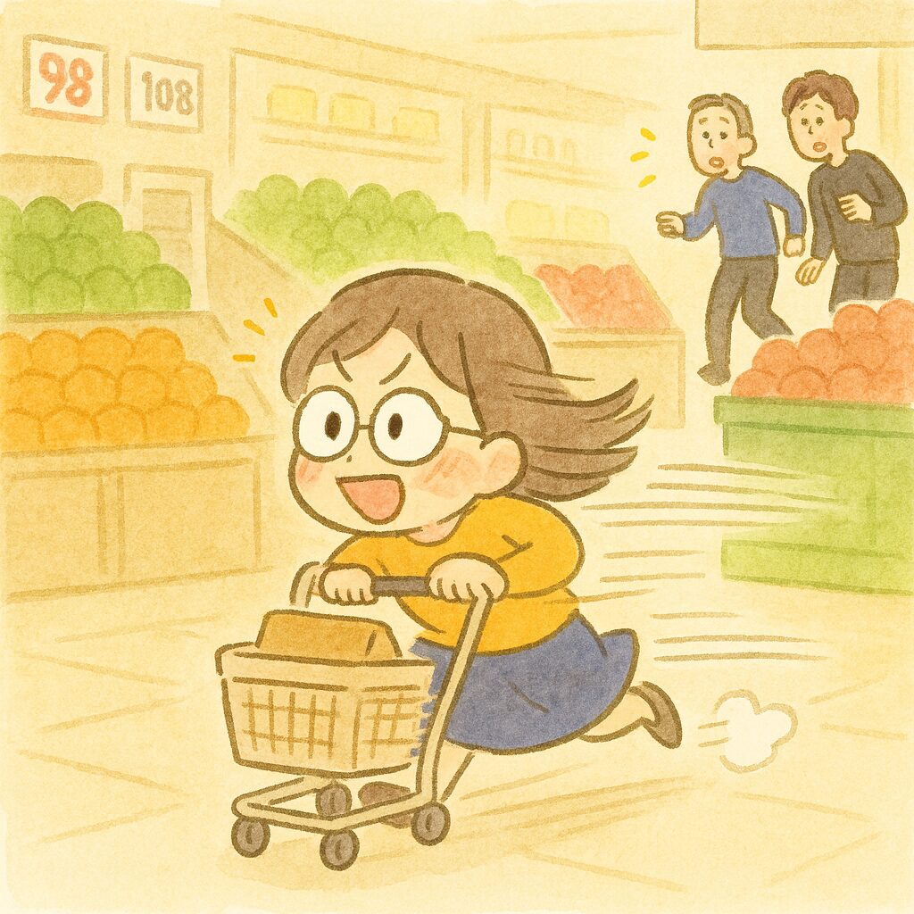 スーパーマーケットの店内を、身長148cmの奥さんが小さな買い物カートを押しながら猛スピードで走り回っている。髪が風でなびき、勢いを示すスピード線が描かれている。背景にはカラフルな野菜売り場が並び、遠くで身長192cmの夫と身長188cmの息子が驚きながら彼女を探している。全体が柔らかいタッチの可愛いイラストで表現されている。
