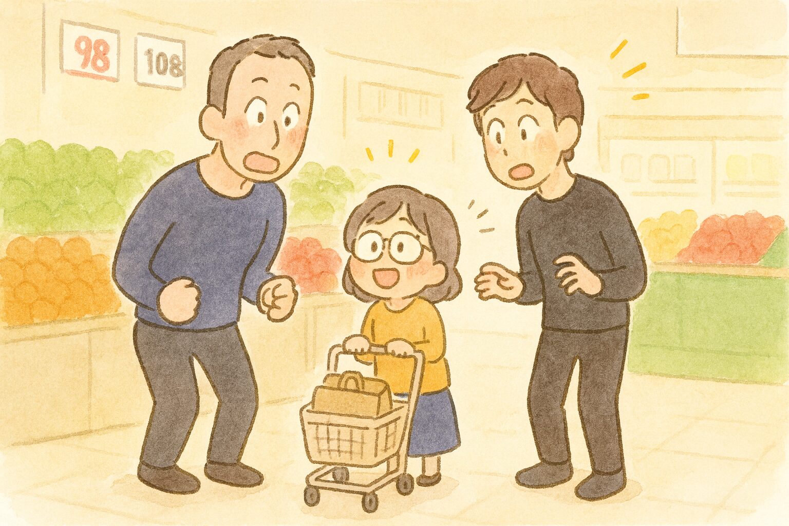 スーパーマーケットの青果売り場で、身長192cmの細マッチョ男性と188cmの若い男性が、突然現れた身長148cmの女性に驚いている。女性は小さな買い物カートを押して微笑んでおり、男性たちは目を丸くして驚きを表現している。背景には色とりどりの野菜や値札が並び、全体が柔らかいタッチの可愛らしいイラストで描かれている。