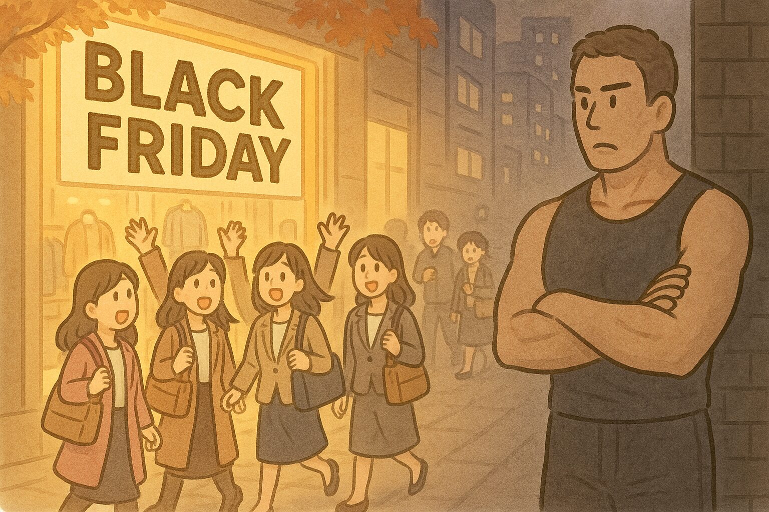 秋の東京の街で、ブラックフライデーの看板が明るく光る衣料品店の前に、多くのOLたちが歓声を上げながら集まっている。一方、店から少し離れた薄暗い場所で、身長192cmのマッチョマンが腕を組み、ネオンに照らされない影の中から羨ましそうにその盛り上がりを見つめている。店の輝きとマッチョマンの暗がりが対照的に描かれたイラスト。