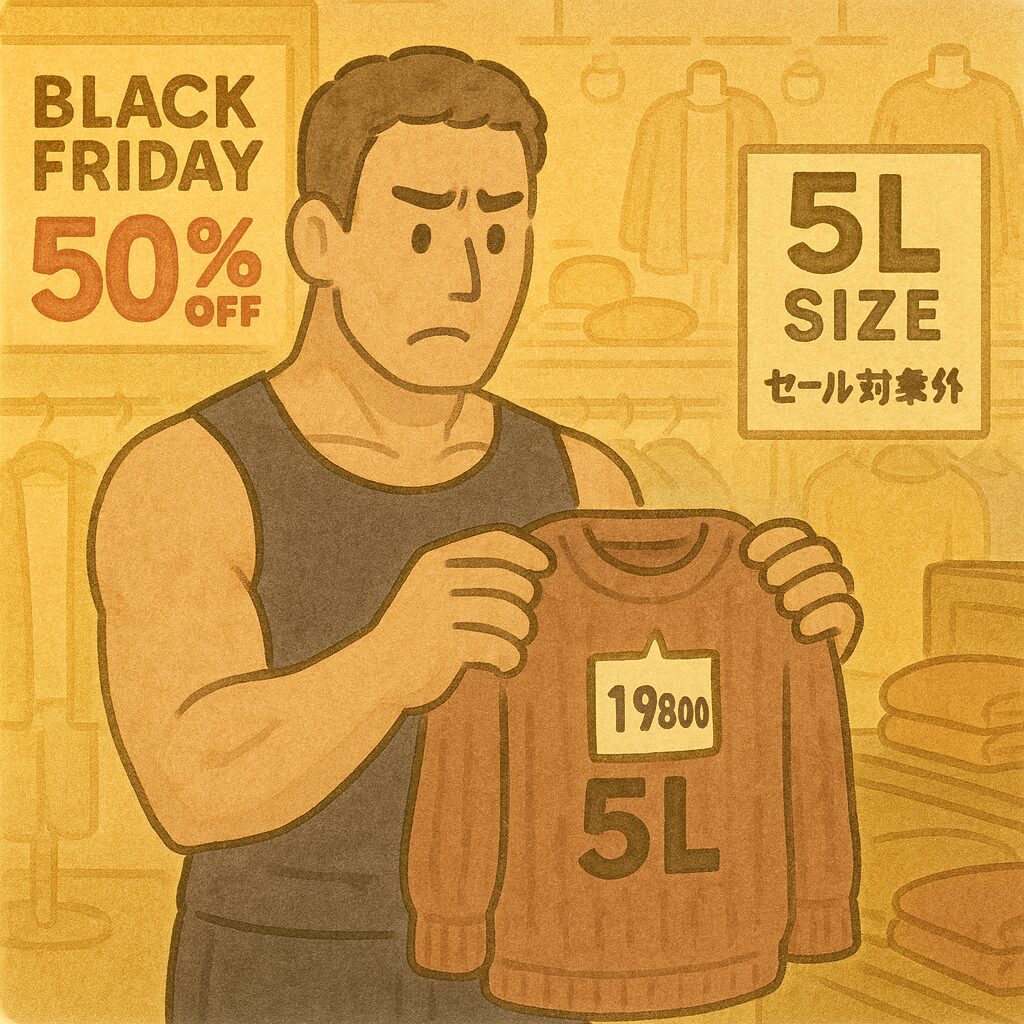 ブラックフライデー開催中の衣料品店の店内で、身長192cmのマッチョマンが5Lサイズのセーターを手に取り、19800円の定価表示にがっかりしている。周囲には「50% OFF」の大きな広告が並ぶ一方で、5Lサイズの棚には「セール対象外」と書かれた張り紙が掲示されており、大きいサイズだけ割引がない状況が描かれている。全体が暖かい色調のイラストで表現されている。
