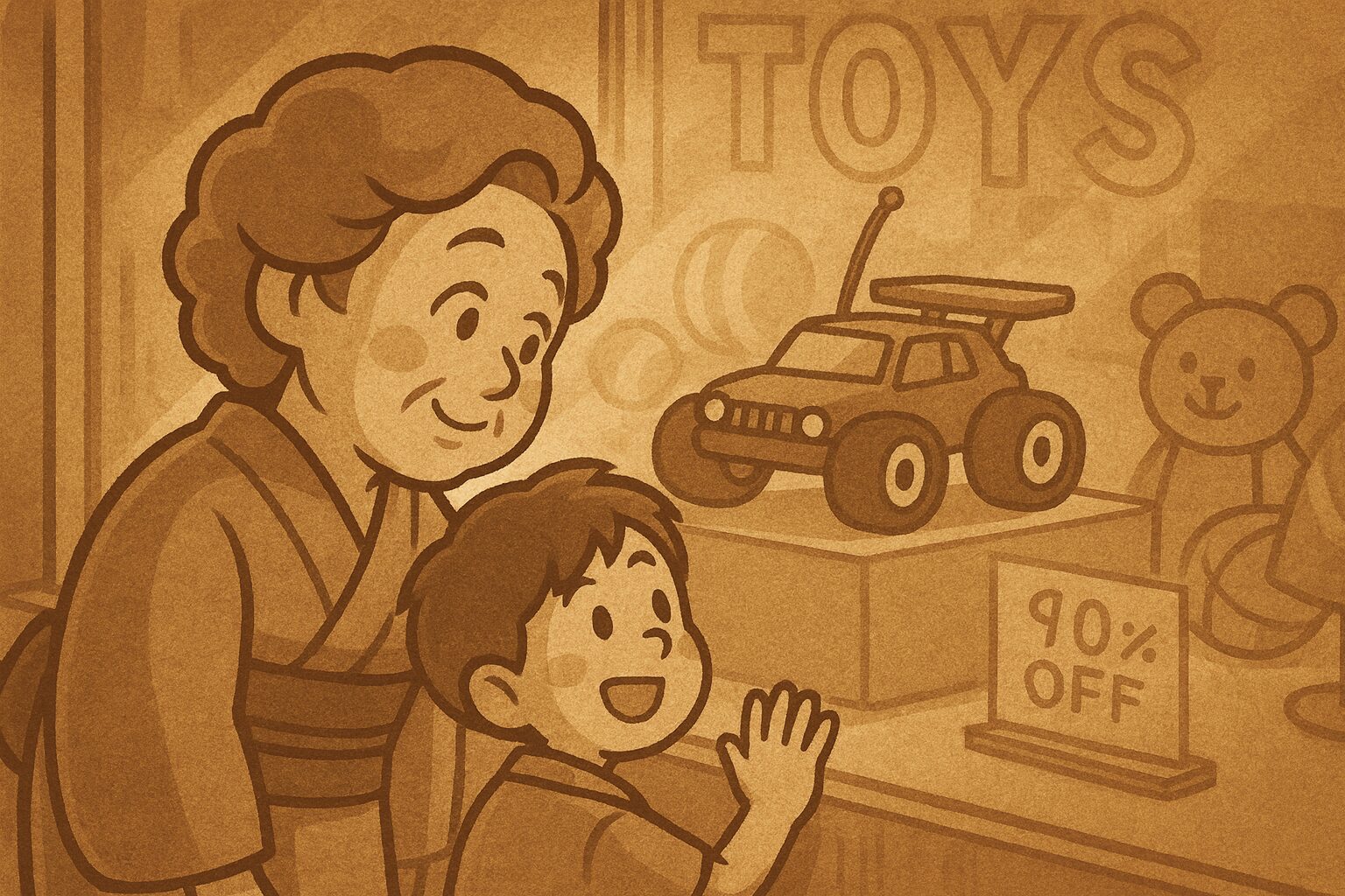 セピア色で描かれた昔風のイラスト。40歳の母親が10歳の息子と並んで、玩具店のショーウインドー越しにラジコンカーを見つめている。母は優しく微笑み、息子は目を輝かせながらガラスに手を添えている。背景には「TOYS」の文字や他の玩具がぼんやりと描かれ、懐かしさと温かさが漂う情景。
