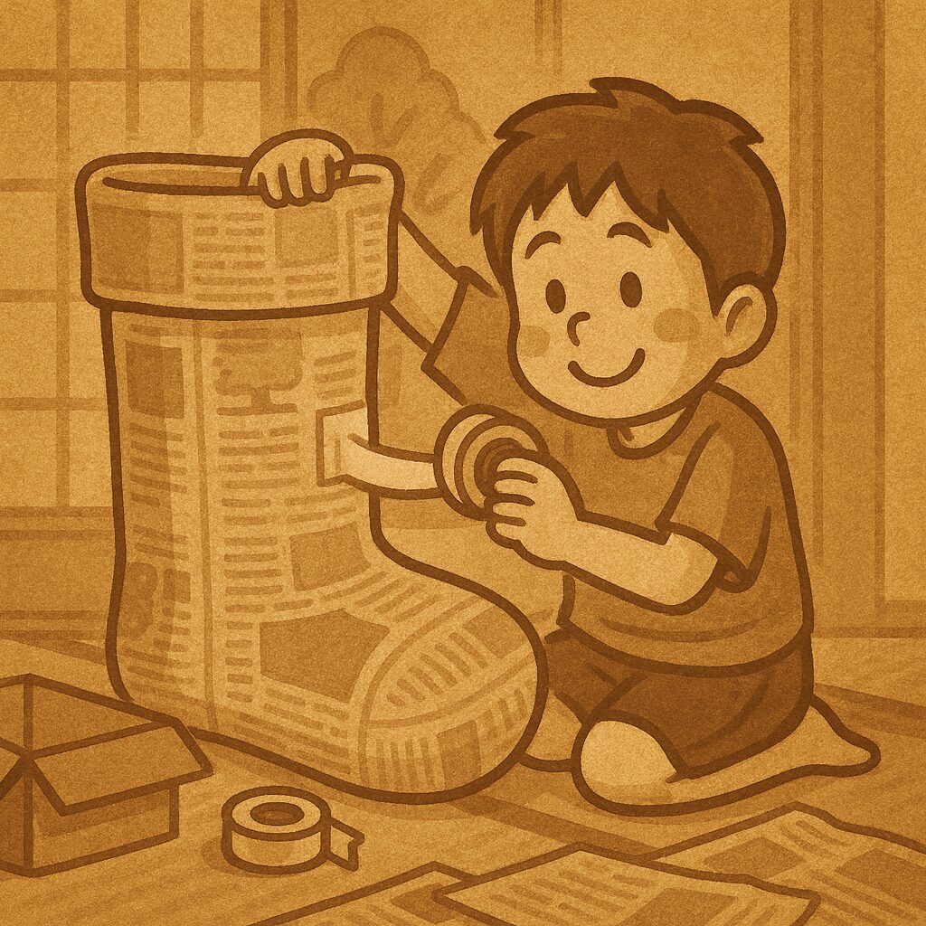 昔風のセピア色で描かれたイラスト。6畳の和室いっぱいを使って、男の子が新聞紙で巨大なクリスマス用の靴下を一生懸命作っている。男の子は床に座り、テープを使って丁寧に新聞紙を貼り合わせている。周囲には新聞紙や空き箱が散らばり、背景には障子や室内の植物が柔らかく描かれ、温かい懐かしさが漂っている。