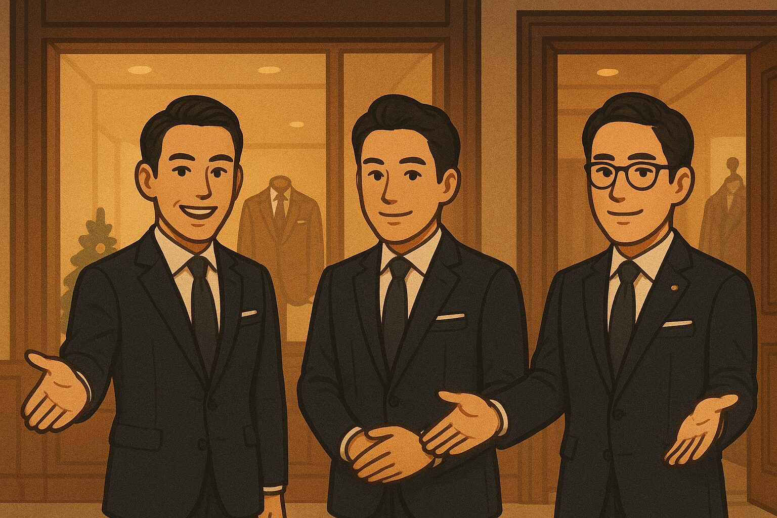 夜の銀座にある高級ブランドのテーラー店の店内で、顔立ちや髪型の異なる3人の男性店員が、落ち着いたスーツ姿で笑顔で来店客を迎えている。店内は暖色の照明に包まれ、奥にはスーツのディスプレイやマネキンが並び、上質で洗練された雰囲気が伝わるイラスト。