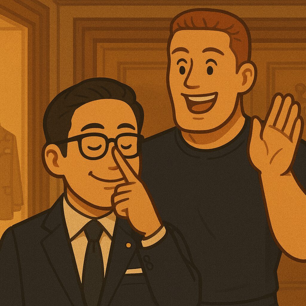 高級テーラー店の店内で、身長160cmの眼鏡をかけた店員が、後ろから声をかけられ、指一本で眼鏡の位置を直しながら上半身だけで振り返っている。店員は目を閉じ、余裕と自信に満ちた笑顔を浮かべている。背後には身長192cmのガッチリ体型の男性が立ち、手を挙げて声をかけている。落ち着いた照明の店内が、プロフェッショナルな接客の空気を演出している。