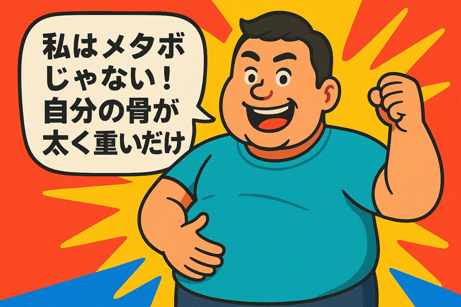 原色を基調としたポップなイラスト。がっちり体型の男性が拳を握り上げ、満面の笑顔で「私はメタボじゃない！自分の骨が太く重いだけ！」と書かれた吹き出しで周囲に訴えている。背景には赤・黄色・青の強い色合いが放射状に広がり、コミカルで勢いのある雰囲気が描かれている。
