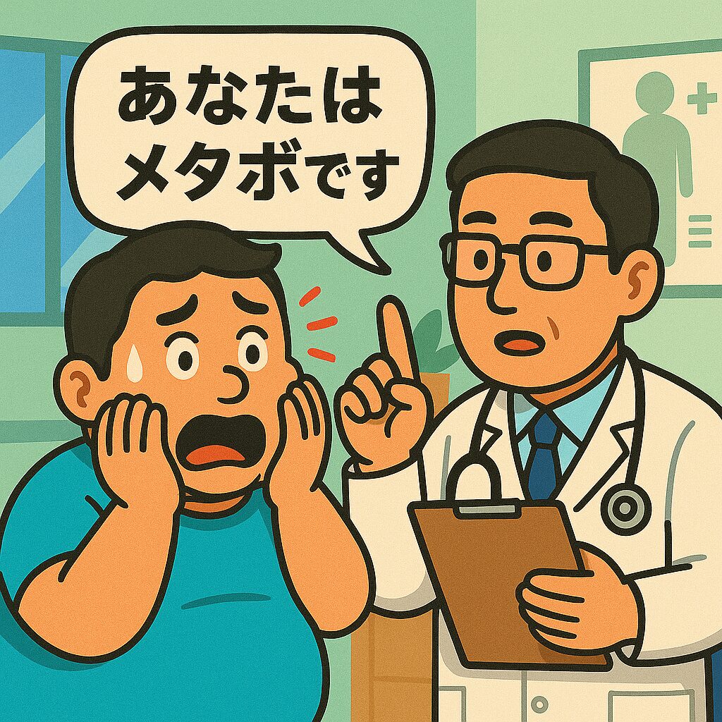 病院の診察室で、医師から「あなたはメタボです」と告げられ、男性が両手で頬を押さえてショックを受けている。医師は白衣姿でカルテを持ち、人差し指を立てながら冷静に説明している。背景には診察室のポスターや医療器具が描かれ、コミカルで分かりやすいイラスト表現になっている。