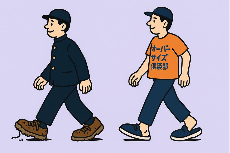 横長のイラストで、画面中央を境に左右で時代が分かれている。左側には学ラン姿の学生が、つま先が割れ、底も擦り切れたボロボロの小さな靴を履いて歩いている様子が描かれている。右側には20歳になった同じ人物が、サイズの合わない靴をかかとまで踏みつけ、かかとが丸ごと靴からはみ出したサンダルのような履き方で歩いている。成長に対して靴だけが追いつかない現実を、コミカルに表現したイラスト。