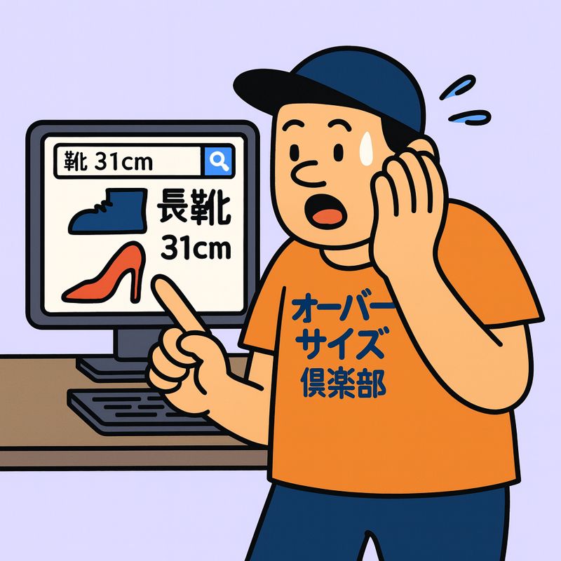 パソコンの前に立つ男性が「靴 31cm」と検索した画面を見て驚いている。モニターには「長靴 31cm」と、ヒールの高さが31cmの女性用ハイヒールが表示されており、男性は片手で頬を押さえ、もう一方の手で画面を指さして困惑している。大きいサイズの靴が見つからない現実を、コミカルに描いたイラスト。
