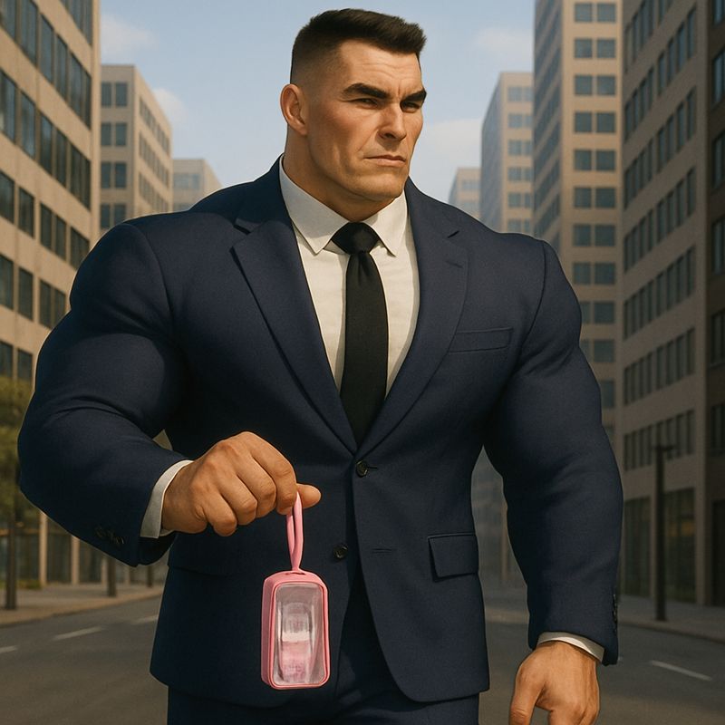 身長192cmの超逆三角形ムキムキタッカーズが、昼間のビジネス街をスーツ姿で歩きながら、極端に小さく見えるピンク色のビニール製ペンケースをセカンドバッグのように手に持っている様子。体格と持ち物のサイズ差が強調されたコミカルな構図。