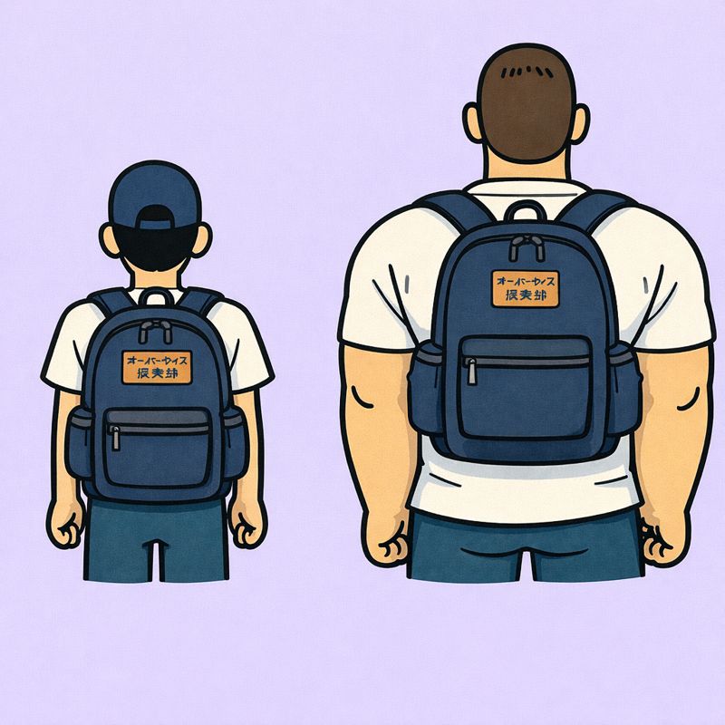 同じブランド・同じ形のリュックを背負った二人の男性を、後ろ姿で描いたイラスト。左の細身の男性はリュックが背中全体を覆っており、背中がほとんど見えない。一方、右の体格の大きい男性はリュックが背中より小さく見え、白いシャツが肩や脇など各所からはみ出して見えている。同じリュックでも体格によって見え方が大きく異なる様子を対比的に表現している。