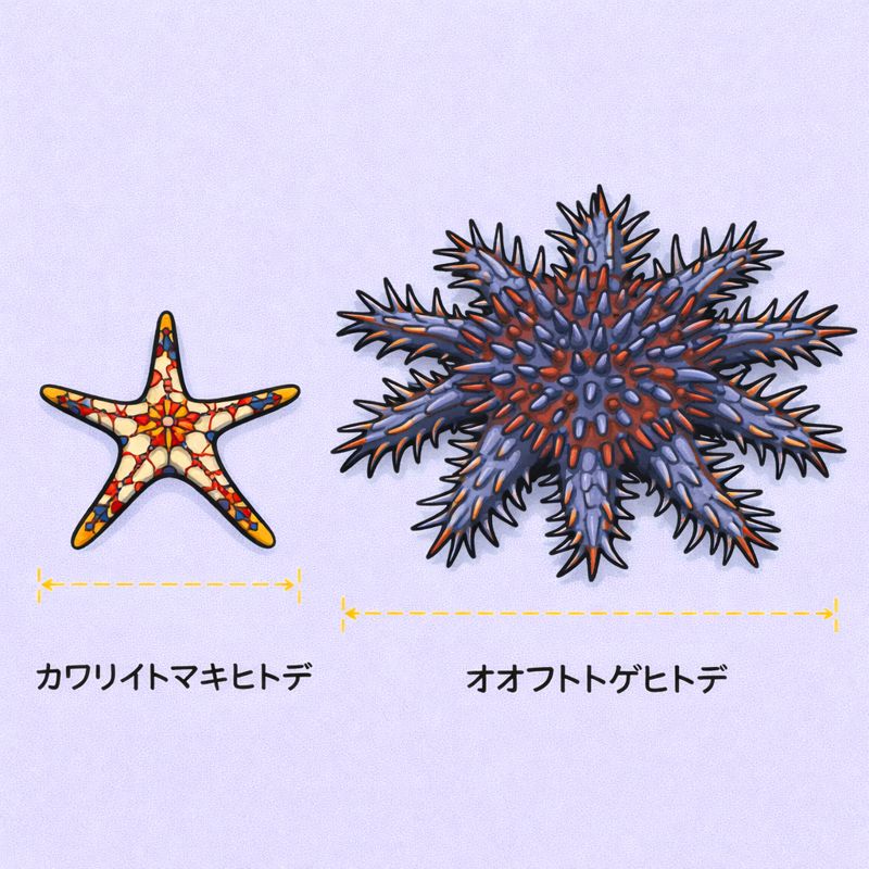 「カワリイトマキヒトデとオオフトトゲヒトデの大きさ比較」