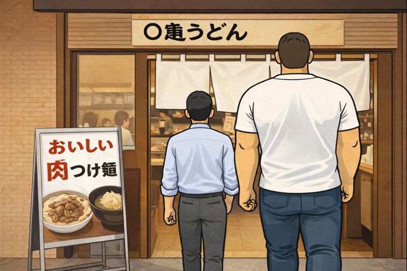 うどん店の入口に向かって、二人の男性が並んで歩いていく後ろ姿のイラスト。左には小柄な上司、右には体格の大きな男性が描かれており、身長差と体格差がはっきり分かる構図になっている。店の前には「おいしい肉つけ麺」と書かれた立て看板が置かれ、昼時の飲食店の雰囲気が表現されている。
