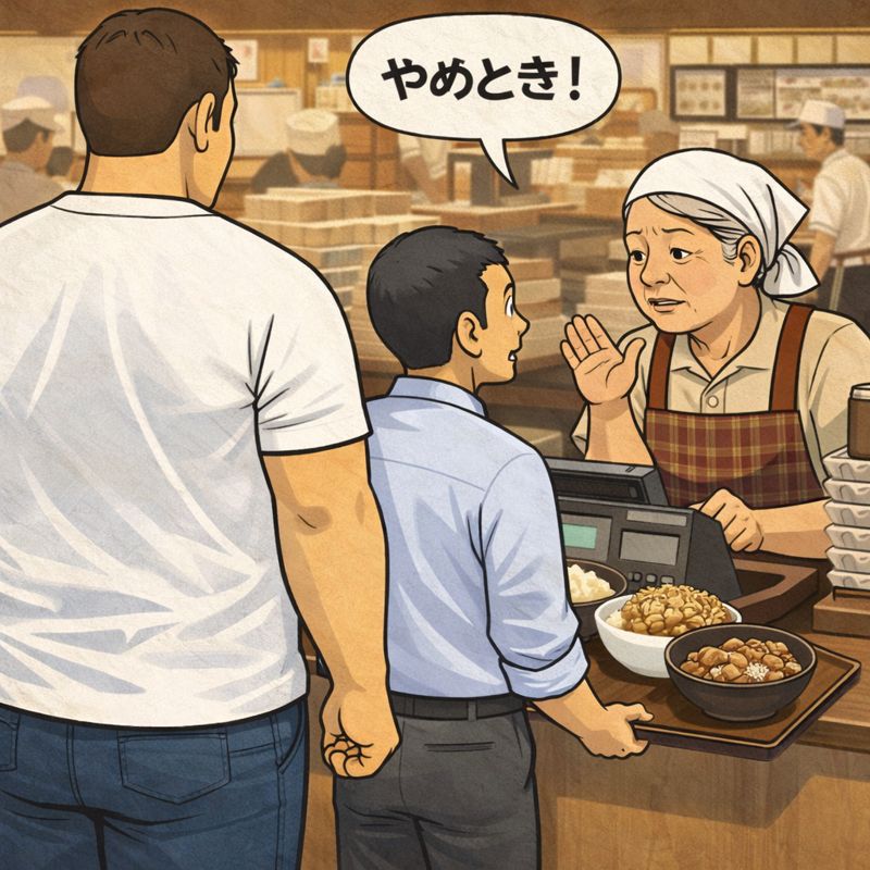 セルフ式うどん店のレジ前で、体格の大きな男性が大盛りの肉つけ麺とご飯、かき揚げを乗せたトレーを持って並んでいる。その後ろでは小柄な上司が肉つけ麺の大盛りを注文しようとし、店員のおばちゃんから手を上げて「やめとき！」と止められている。二人の体格差と、店員の的確な判断がコミカルに描かれている。