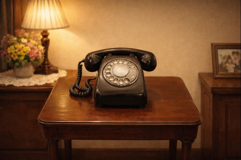 昭和時代の日本の家庭の室内を描いたイラスト。木製の小さなテーブルの上に黒いダイヤル式の黒電話が置かれている。周囲にはレースの敷かれた台に置かれたランプや花、写真立てがあり、暖色の照明で落ち着いた懐かしい雰囲気が表現されている。