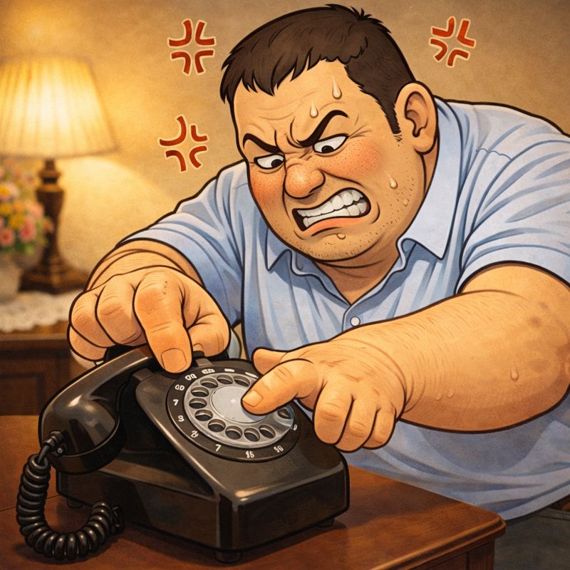昭和の家庭の室内で、ダイヤル式の黒電話を前にした50歳の男性が、太い指をダイヤルの穴に入れようとして入らず、苛立った表情を浮かべている。男性の顔には汗がにじみ、怒りを表す記号が描かれている。木製のテーブルと温かい照明が、懐かしい昭和の雰囲気を演出している。
