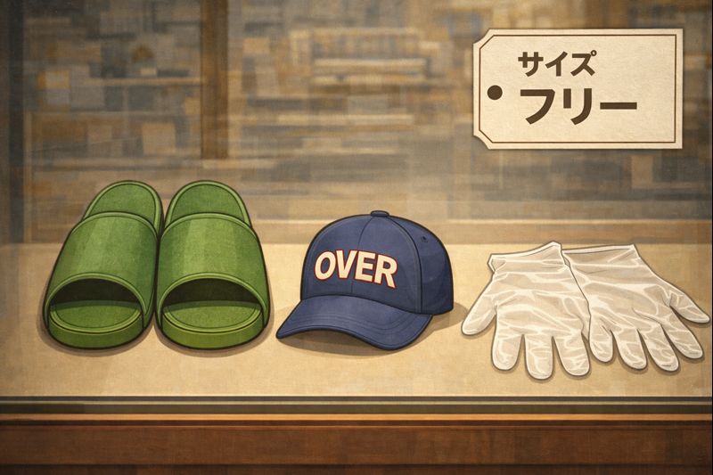 店のショーウインドウに、緑色のフリーサイズのスリッパが2足、中央に「OVER」と書かれた野球帽、右側に手袋が並べて展示されている。ウインドウの右上には「サイズ フリー」と書かれた張り紙が貼られており、日用品が整然と並ぶ一方でサイズの共通性を感じさせる構図になっている。